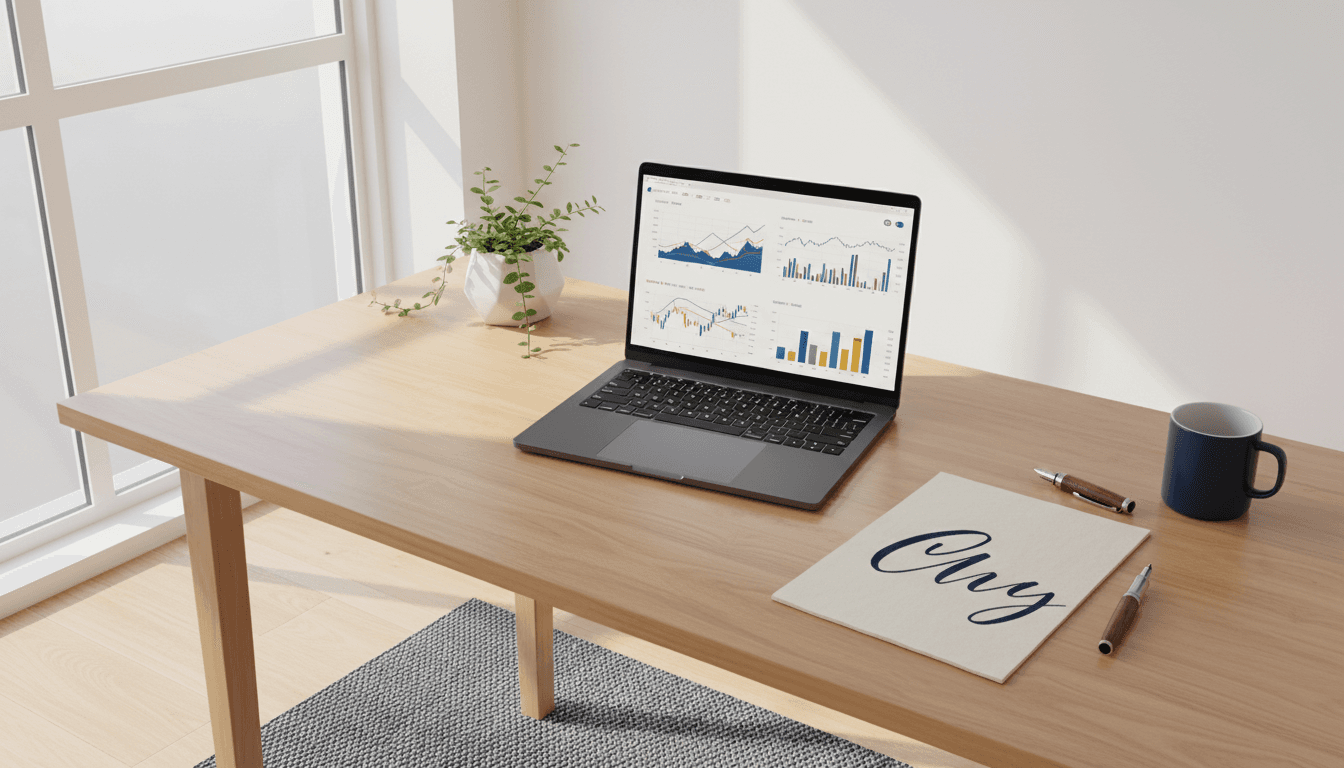 Laptop showing financial analytics dashboard on a clean desk